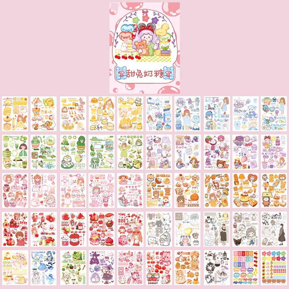 Kawaii Washi Stickers Set (50 Sheets) Cute Pets Sweet Food Drink Adhesive Label Decorative Sticker for Scrapbooking Journaling Journal Planner Diary Album Letter Art Craft Envelope Gift Wrapping