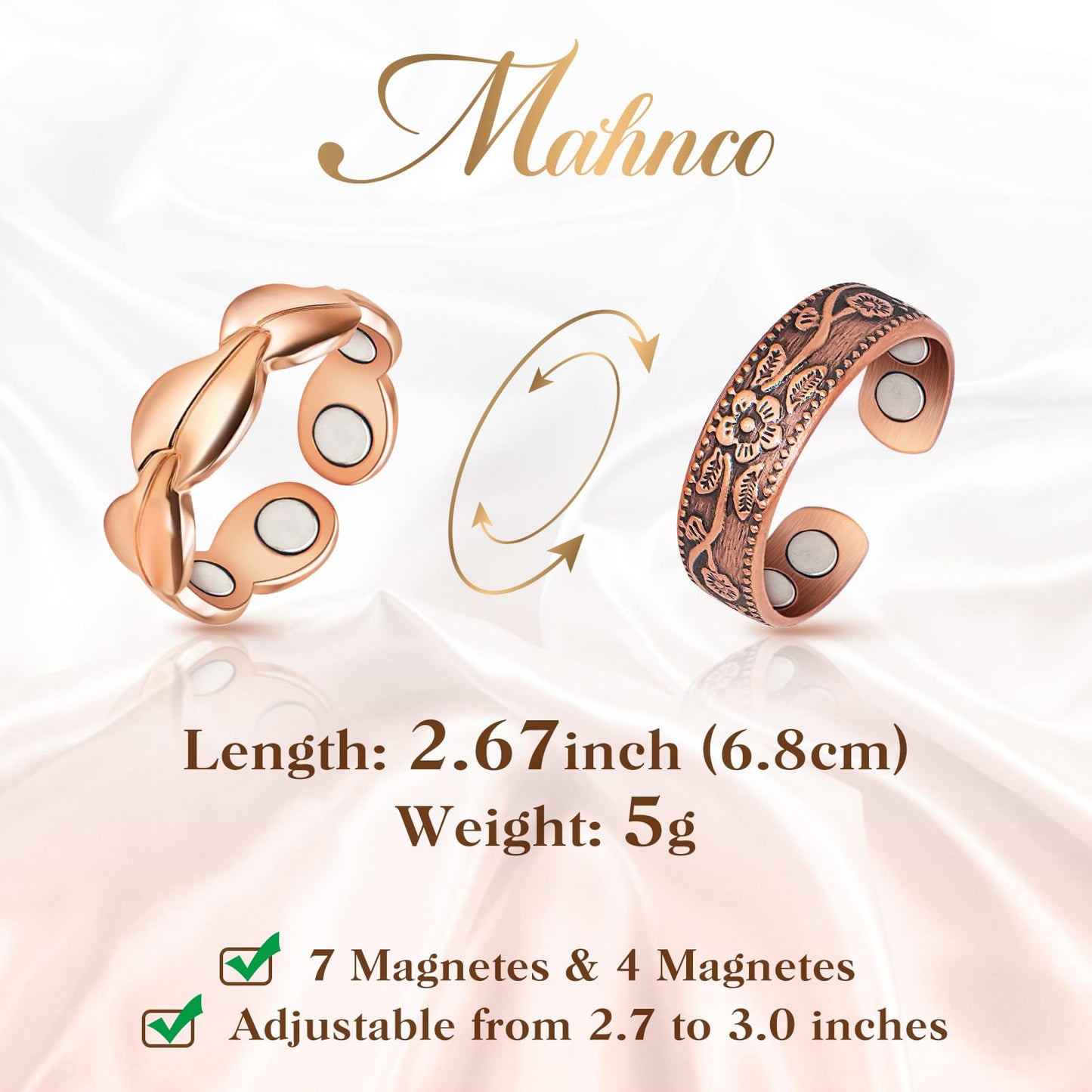 Copper Rings for Women Magnetic Rings Finger Thumbs 3500 Gauss Strong Magnets -100% Solid Pure Copper Ring with Jewelry Gift Box (2PCS)