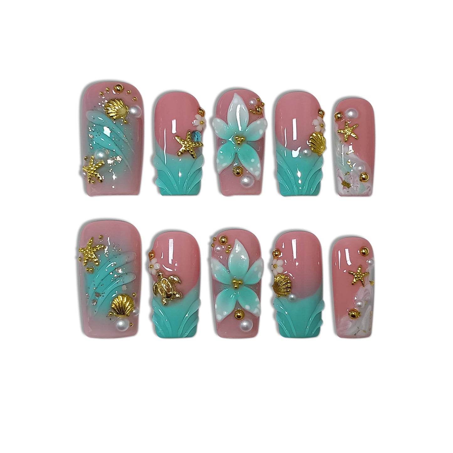 TENPAL Handmade Coffin Press on Nails Medium- Emerald Green Blushing Ombre Fake Nails with 3D Starfish & Shell Design, Coastal Elegance Style Glossy Acrylic Flowers False Nails with Tools(L)