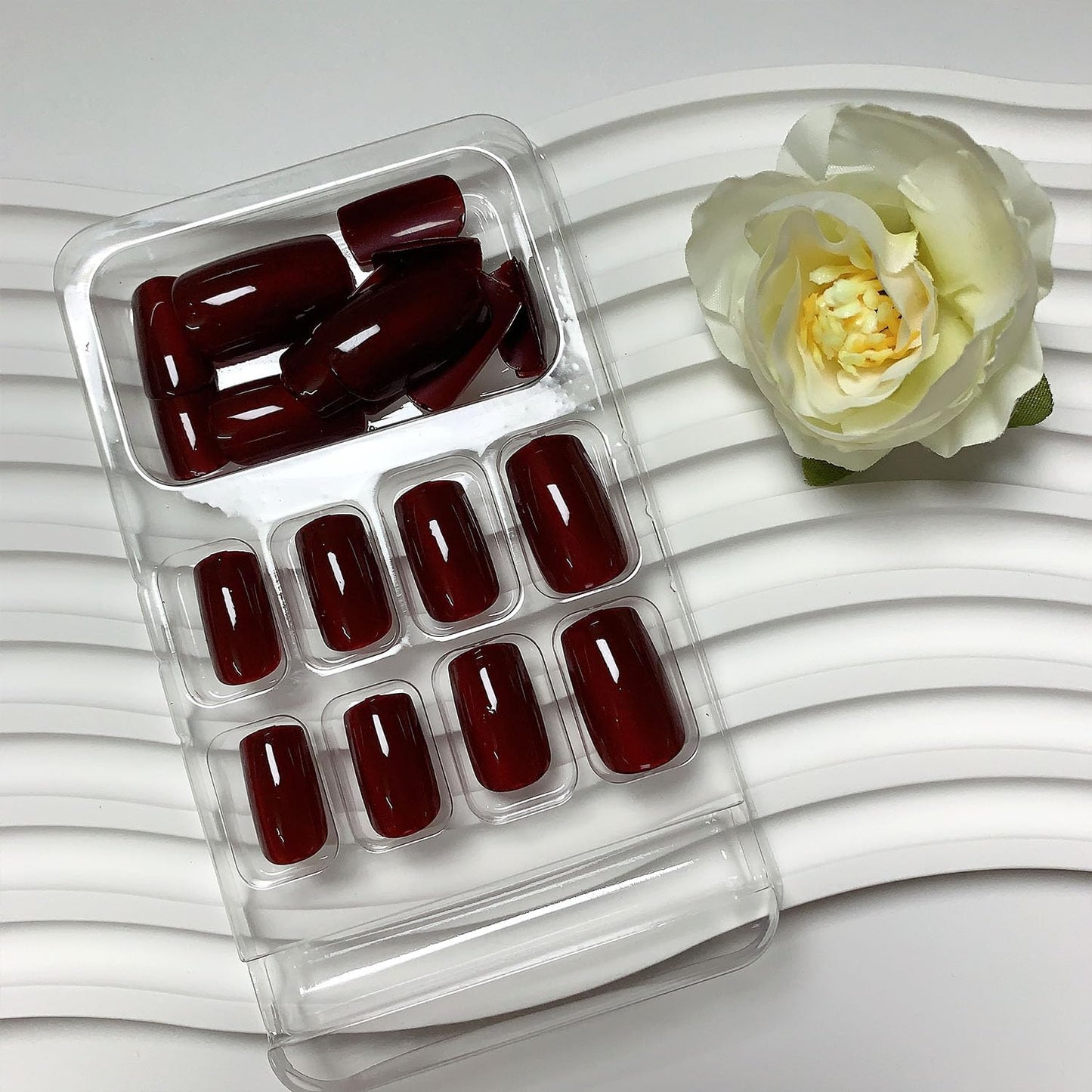 Burgundy Press on Nails Medium Short Fake Nails Solid Color Glue on Nails Red Full Cover Artificial Nails Glossy False Simple Stick on Nails for Women 24 Pcs