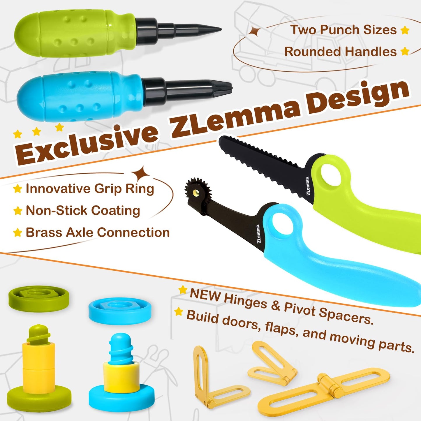 ZLemma Cardboard Construction Kit - 401 PCS Kids Building Set with Safe Serrated Cutter, Crease Roller, Screws & Nuts, STEM Upcycled Tool for DIY Cardboard Projects, Engineering & Creativity