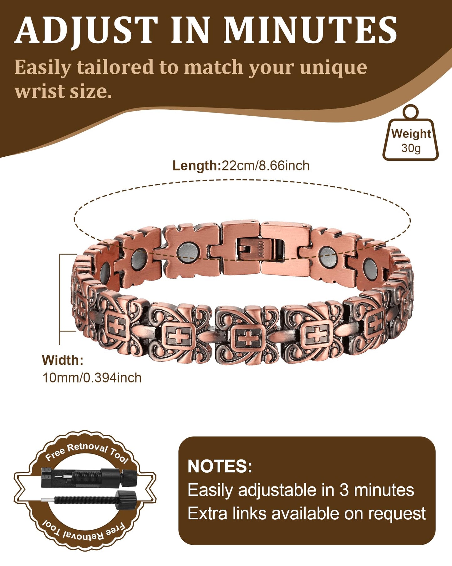Fashtour Copper Cross Magnetic Bracelet for Women, 99.99% Pure Copper Bracelet, Cross Design, Adjustable (copper597)