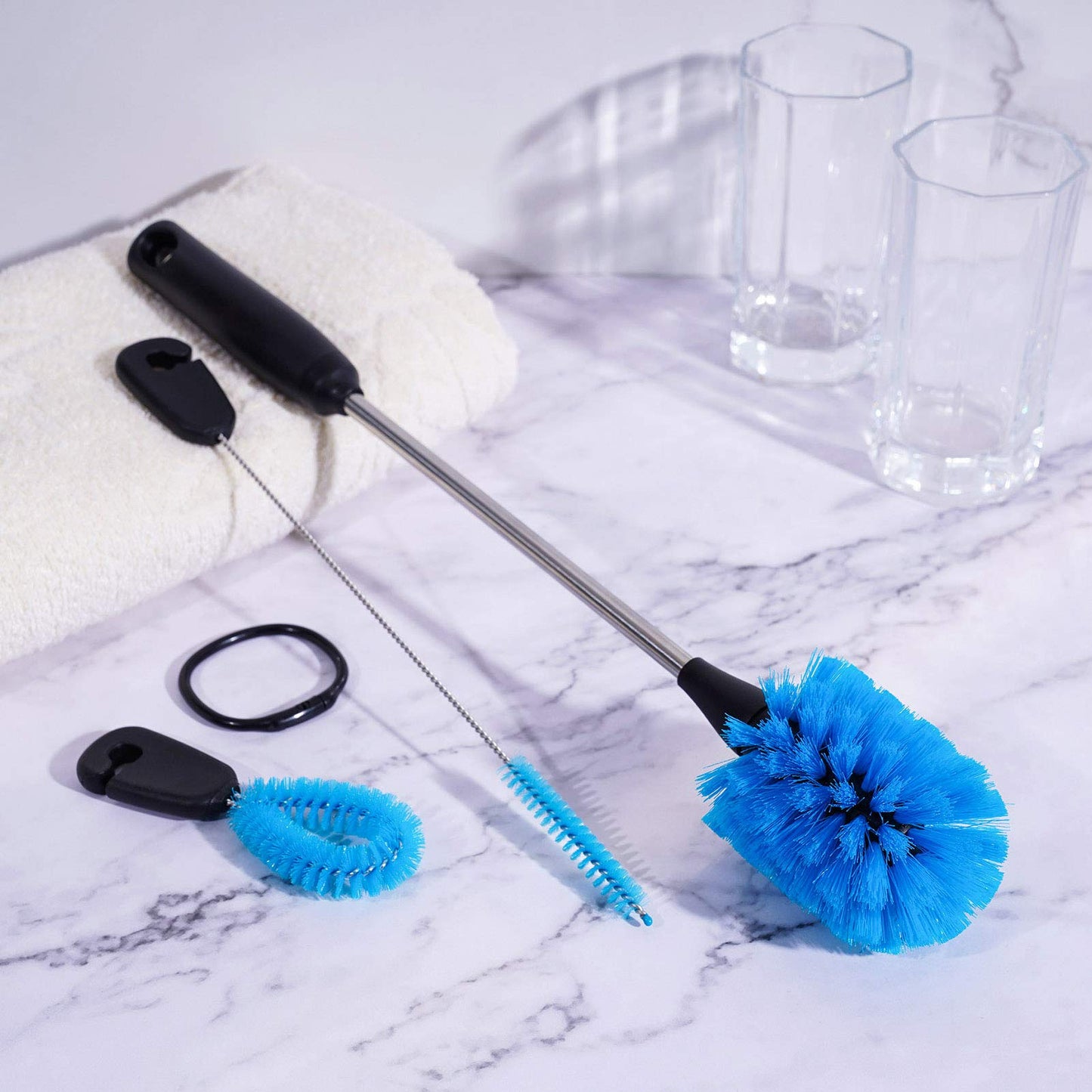 MOSOLAN 3-in-1 Stainless Steel Bottle Brush and Straw Cleaning Set, Long Handle Scrub Brush with Replaceable Head for Water Bottles, Glasswares, Mugs, Flasks, Tumblers, Vases, Round Head