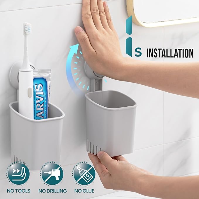 TAILI Suction Toothbrush Holder 2 Pack, Powerful Toothpaste Toothbrush Suction Cup, Self-draining Shower Razor Holder, Shower Toothbrush Holder for Wall, Kitchen Tableware Holder, Gray