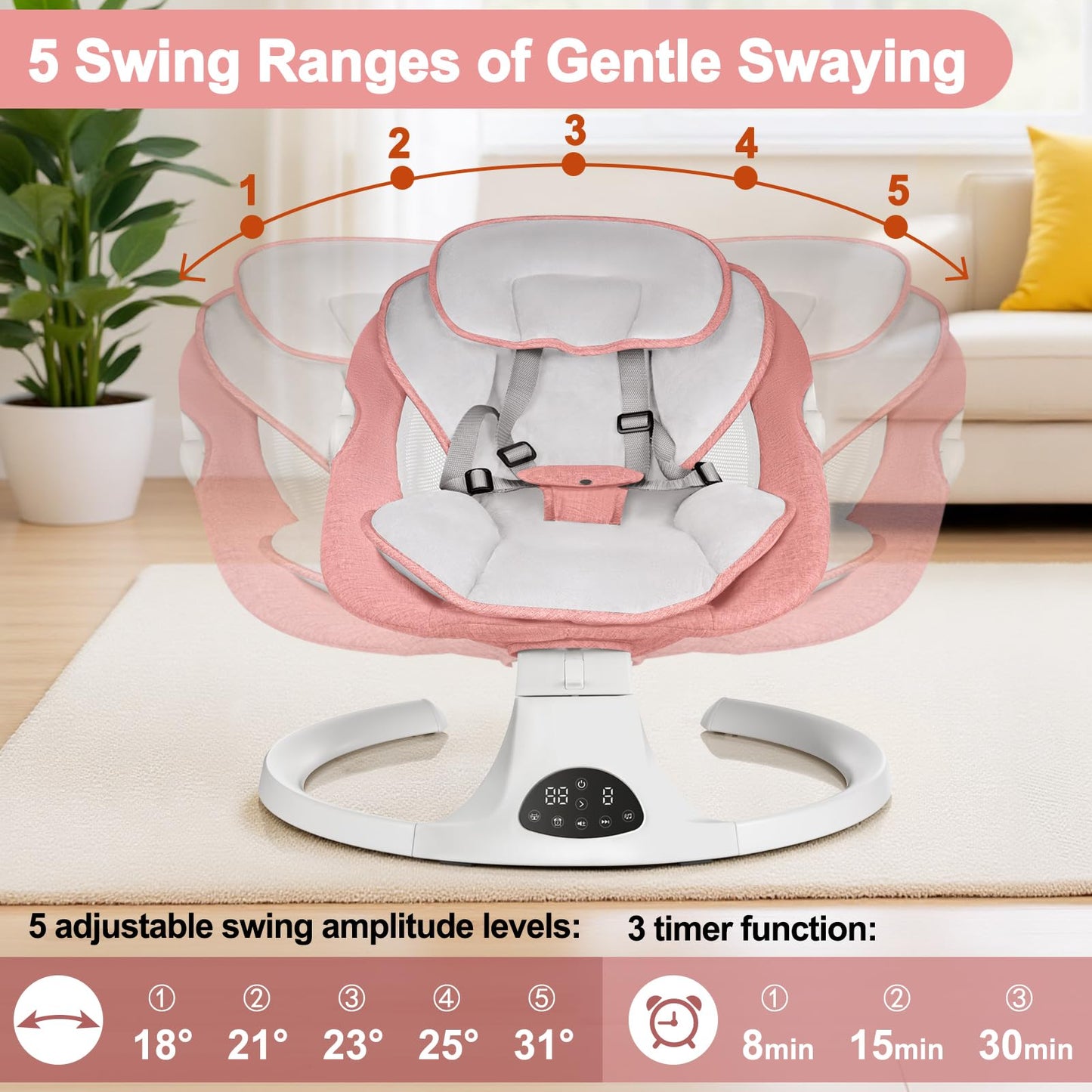 Baby Swing for Newborn to Toddler, 5 Speed Portable Infant Swing with Smart Touch Control, Remote Control, 10 Lullabies, Timer, 5 Point Harness and Soft Fabric (Pink)
