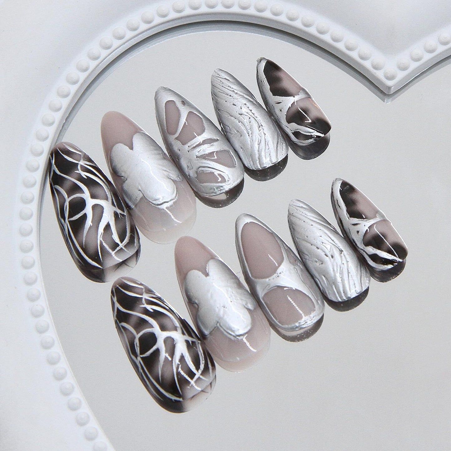 MISUD Press on Nails - Medium Almond Fake Nails with Goth Black Acrylic Silver Chrome Design 24 pcs