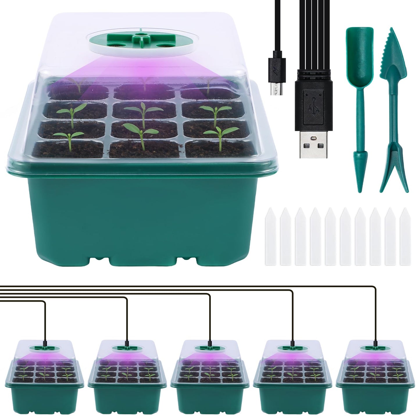 ATEUNJLR 5 Pack Seed Starter Kit with Grow Lights & 3.9" Humidity Domes, 72 Cells Indoor Germination Trays, Full Spectrum Adjustable LED, Reusable Plant Starter System for Year-Round Gardening