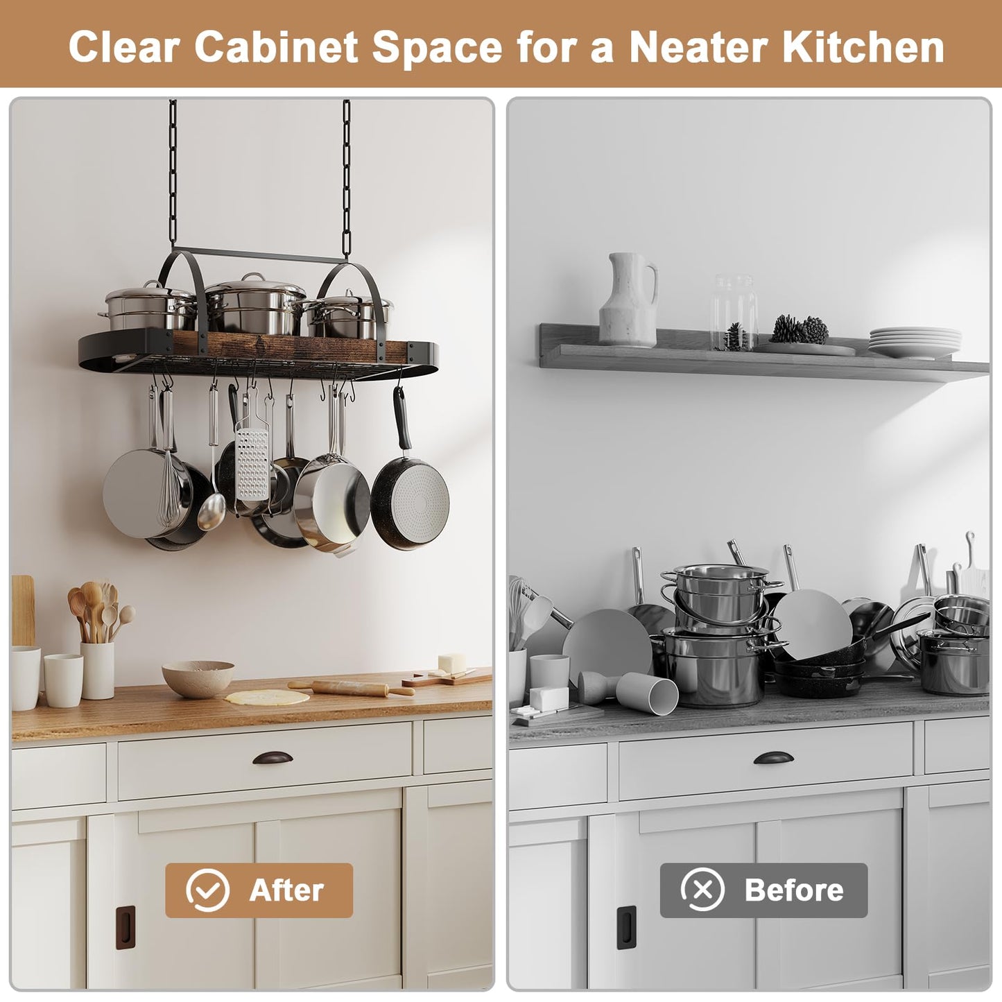Chloraeon Hanging Pot Rack,32-Inch Ceiling Pot Rack for Kitchen,Space-Saving Pot Hanger with 16 Detachable S Hooks,Sturdy Metal Frame,Industrial Style,for Pot, Pan Storage,Space-Saving