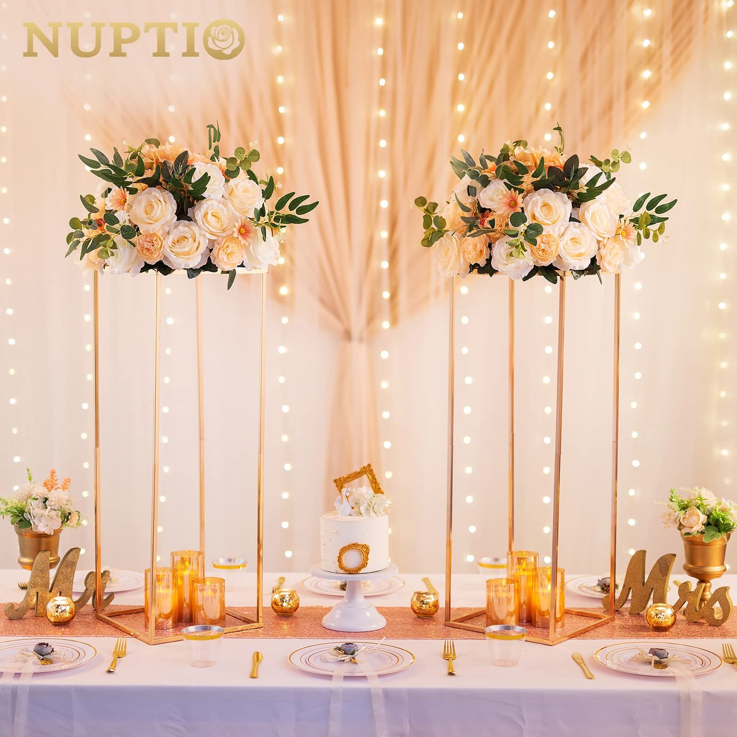 NUPTIO 2 Pcs Metal Flower Floor Vase Column Geometric Centerpieces Flower Stand for Tables, 31½ inch Tall Gold Flower Holder for Home Party Wedding Decorations, Rectangular Display Rack