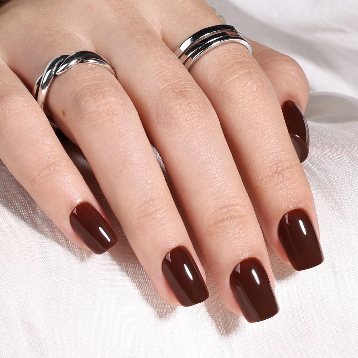 Brown Press On Nails Square - Brown Short Square Fake Nails, Short Press On Nails Reusable Stick On Nails in 15 Sizes 30pcs False Nail Kit for Women & Girls (Chestnut)
