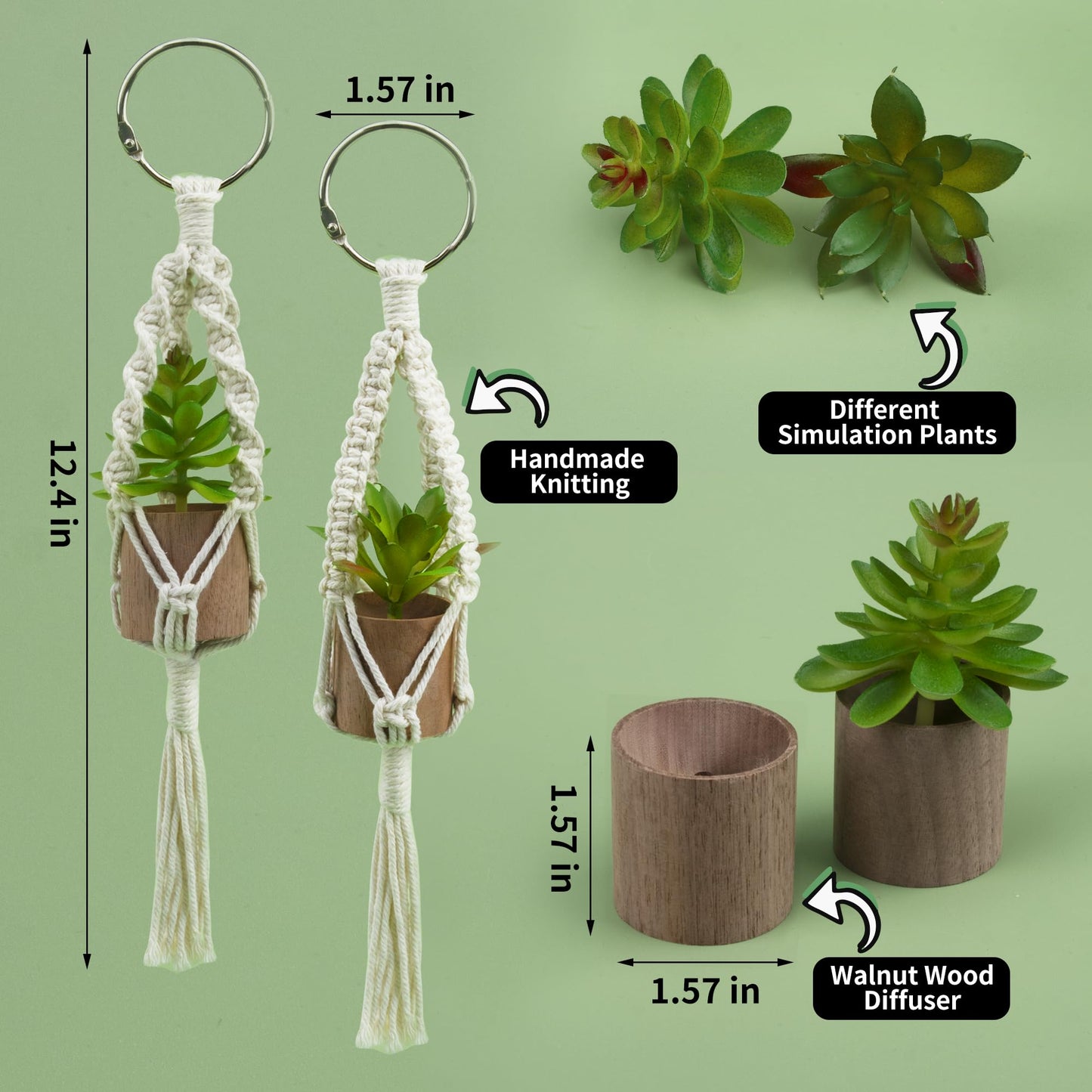 GAGILAND 2 Pack Car Mirror Hanging Accessories Mini Macrame Crochet Plant Car Air Freshener with Wooden Essential Oil Diffusers Reusable Cute Boho Plant for Rear View Mirror Home Office Decor