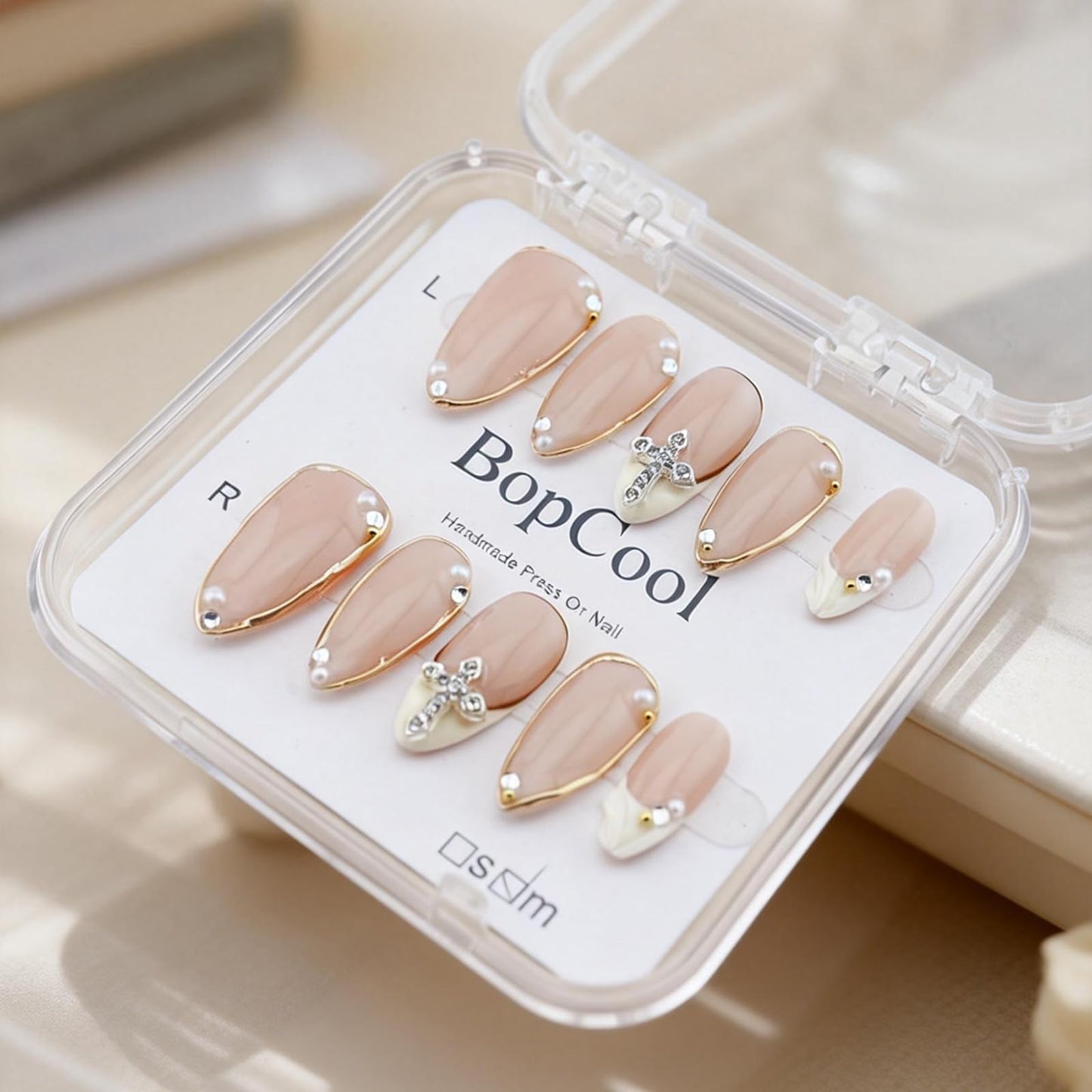 Luxury Handmade false nails，3D Gold French Cross Press-On Nails – Medium Almond Shape False Nails with Rhinestone Embellishments, Elegant Reusable Stick-On Nails(10PCS-S)
