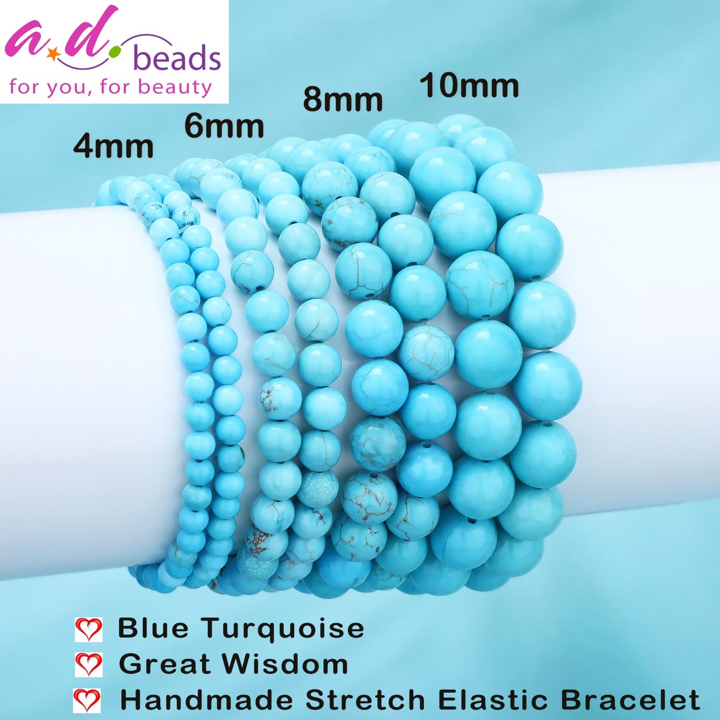 AD Beads 6mm Handmade Blue Turquoise Elastic Bracelet – Natural Gemstone for Great Wisdom – Meditation, Yoga, Healing and Energy Gift for Men Women