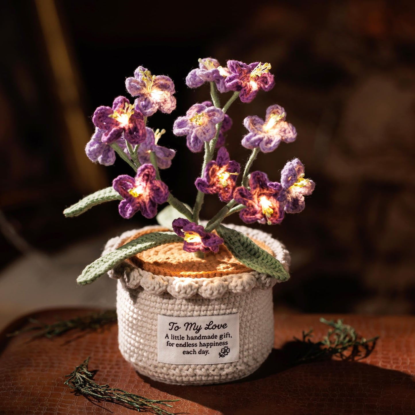 ANZRLE Forget Me Not Flower Lamp - Purple Crochet Artificial Flowers with Night Light, Cordless Table Lamp, Cozy Home Decor Crochet Gifts