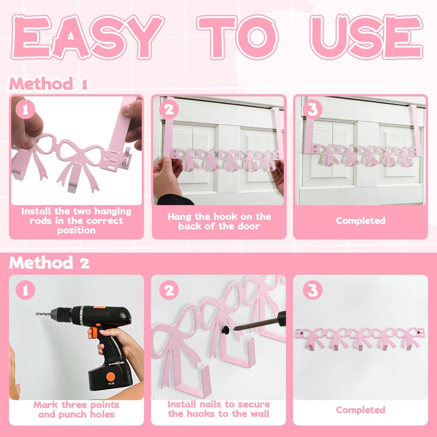 Yitexin 2 Way Mounting, Wall Mount or Over the Door Hooks, Cute Pink Bow Door Rack Hanger for Hanging, Heavy Duty Towel Rack with 5 Hook for Hats Purses Coats Clothes Bathroom Organizer (Pink)
