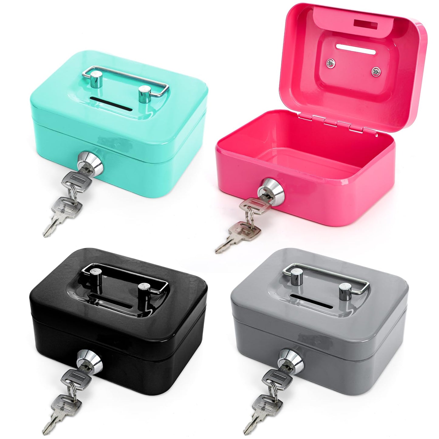 Jowgut 4 Pack Mini Cash Box, Small Metal Money Box with Key Lock, 4.5"L × 3.3"W × 2"H Durable Safe Coin Organizer Bank for Christmas New Year Gift