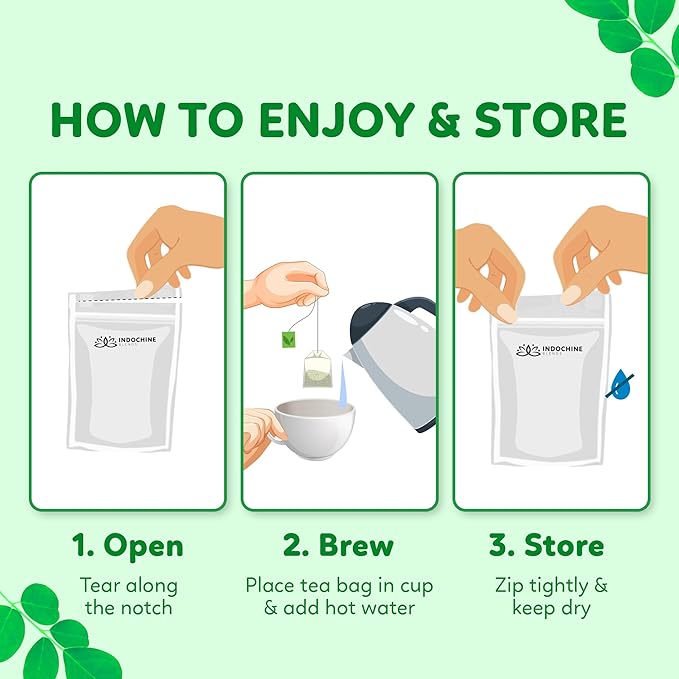Indochine Blends Moringa Tea Bags | Moringa Leaf, Red Rice, Chrysanthemum & Stevia | Sugar-Free, Caffeine-Free Herbal Tea | Double Chamber, Individually Wrapped Bag | 3.5 oz | 50 Tea Bags