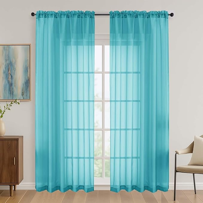 OVZME Turquoise Sheer Curtains 84 Inches Long 2 Panels Set, Light Filtering Sheer Curtains for Living Room Bedroom 59 Inch Extra Wide, Modern Voile Filmy Rod Pocket Window Drapes, 59Wx84L Inches