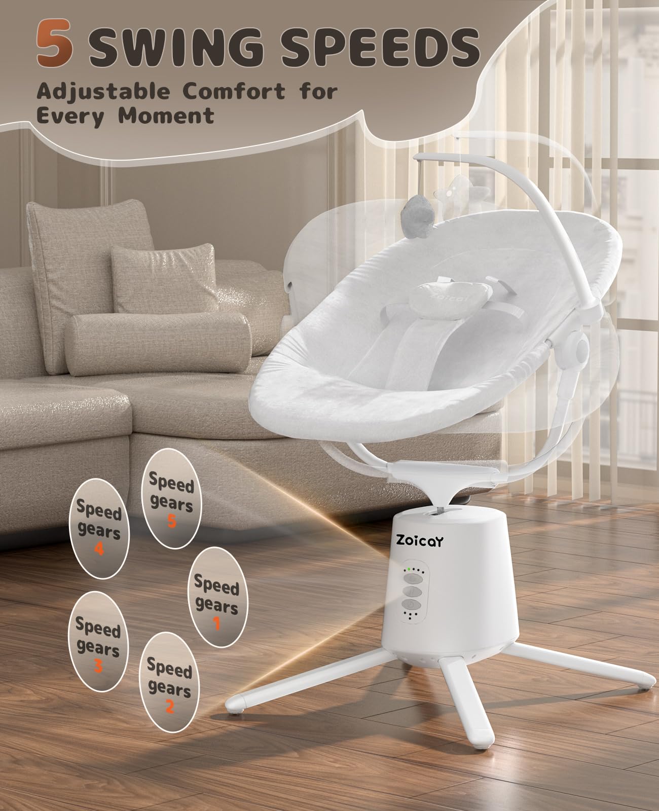 Zoicay Baby Swing,Baby Swings for Infants with 3 Modes & 5 Speeds, BT Enabled App & Remote Control, Electric Swing – 6 Lullabies and 3 Timer Setting, 2 Seat Positions and 5-Point Harness Swing (White)