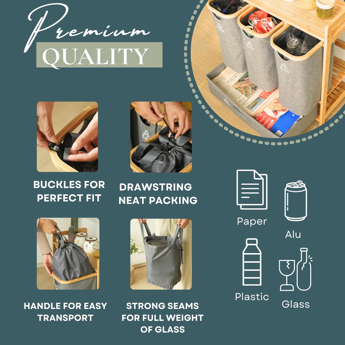 Terratur 4 Section Recycling Bin for Kitchen – Trash and Recycle Bin Combo for Paper, Plastic, Cans – Indoor Recycling Station – Large Kitchen Trash Can – Office Trash and Recycle Bin Organizer