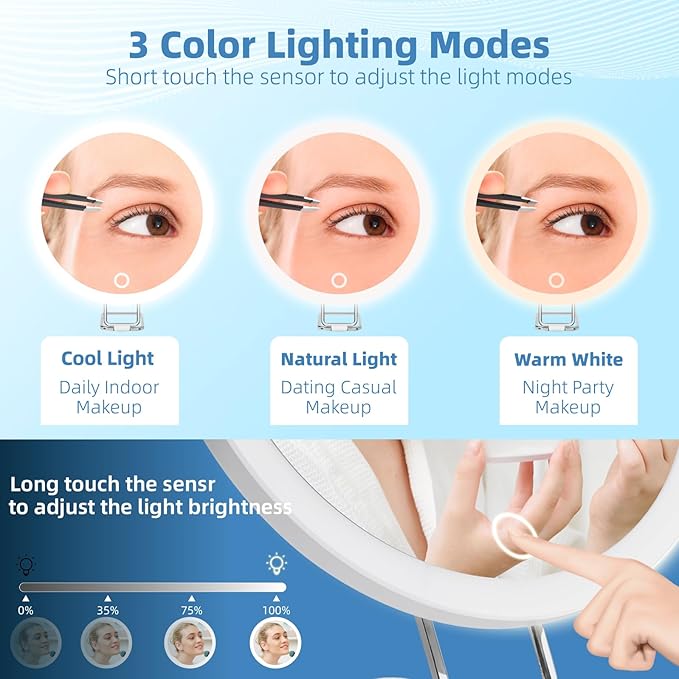 Rechargeable 30X LED Magnifying Mirror with 3 Colors Modes Dimming Light, 6" Makeup Mirror with 3 Suction Cups and 360 Table Stand
