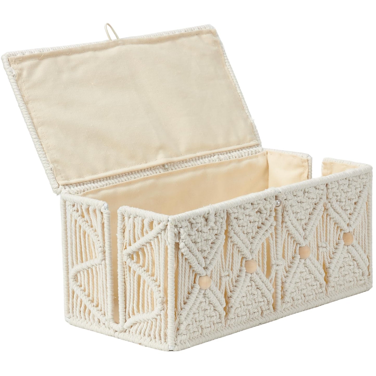 VinneGenzz Cable Management Box Handmade Macrame Cord Storage Organizer Power Strips Outlet Router Adapter TV Wire Hider Cover Under Desk Natural Cotton Rope Woven Boxes with Lid (Off White, Large)