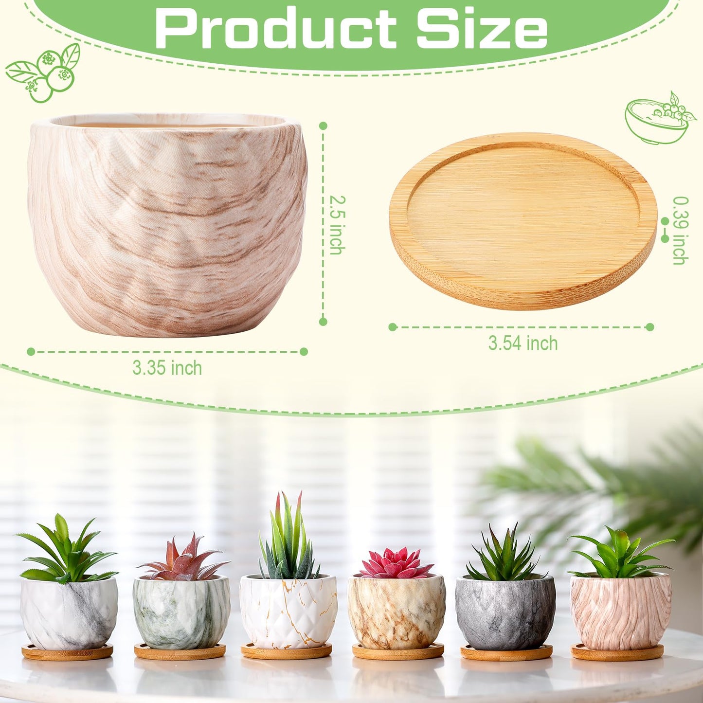 Ziliny Marbling Ceramic Flower Pot 3.35 Inch Succulent Small Plant Cactus Herbs Planter Ceramic Pot with Drainage Hole Matte Round Container(6 Pcs,Elegance Style)