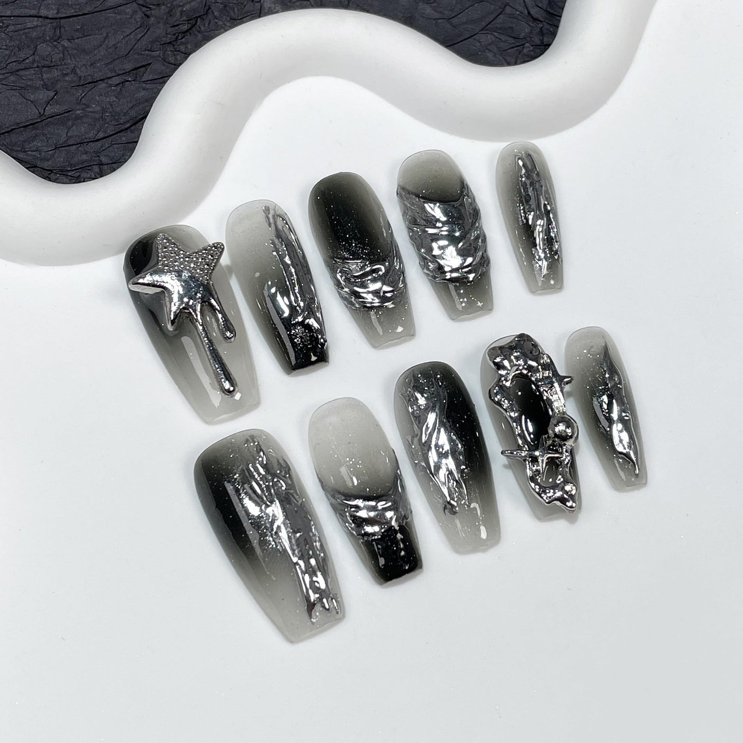 TENPAL 10PCS Medium Coffin Press on Nails with Tools Kit - Airbrush Metallic Color Clash & Gothic 3D Charms Glue on Nails | Rebel Sweetheart Fake Nails | Dark Abstract Gradient False Manicure Set(XS)
