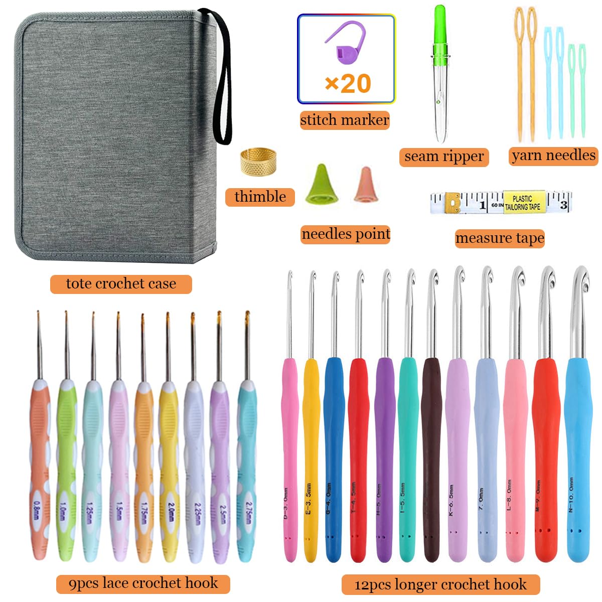 Mdoker 21 Sizes Crochet Hooks Set,Ergonomic Crochet Hook with Case for Arthritic Hands,Complete Crochet Set for Beginners & Lovers(0.8mm-10mm)