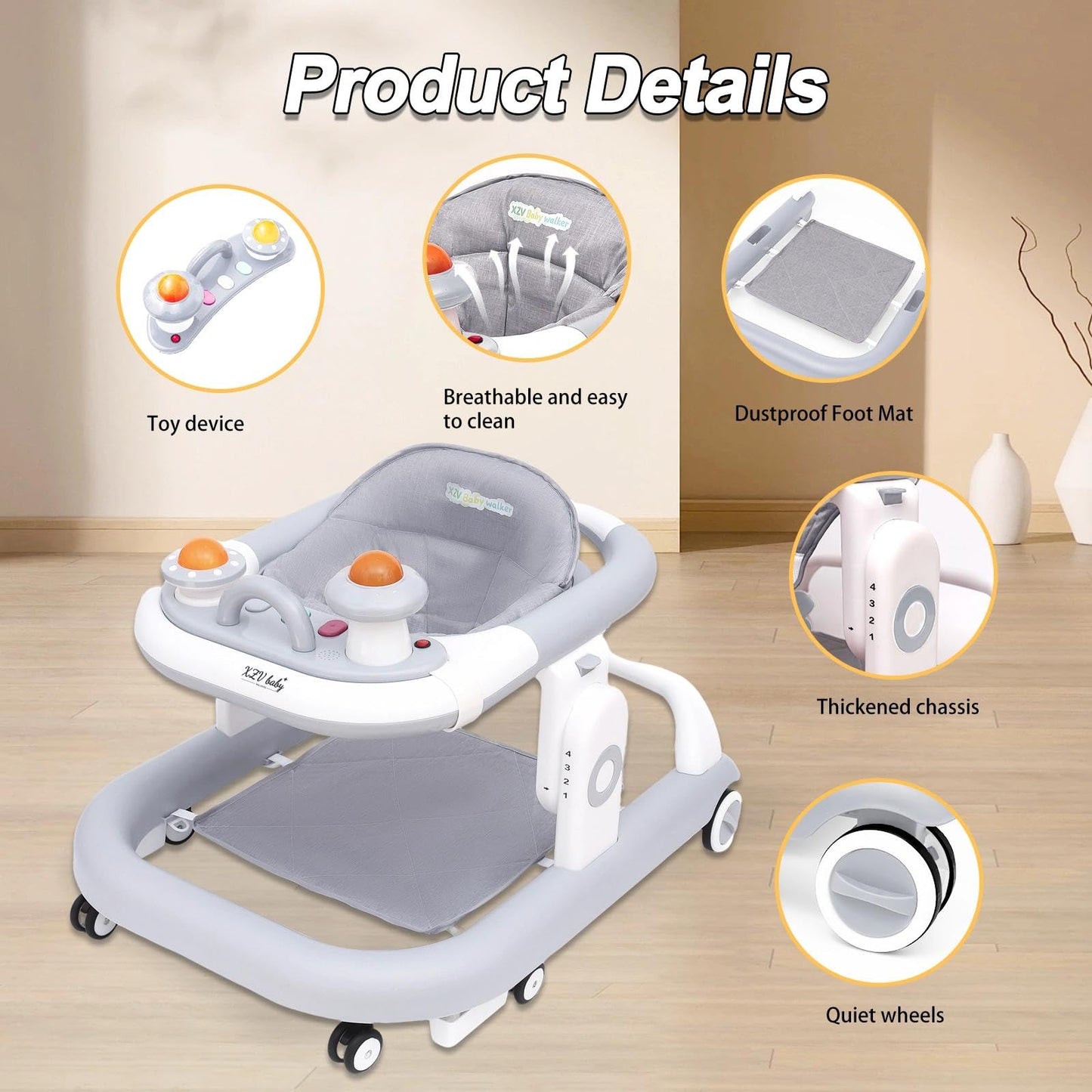 5-in-1 Baby Walker with Wheels Foldable Height-Adjustable Walker for Baby Boy 6-12 Months with Feeding Tray Multi-Functional Activity Center (Grey)