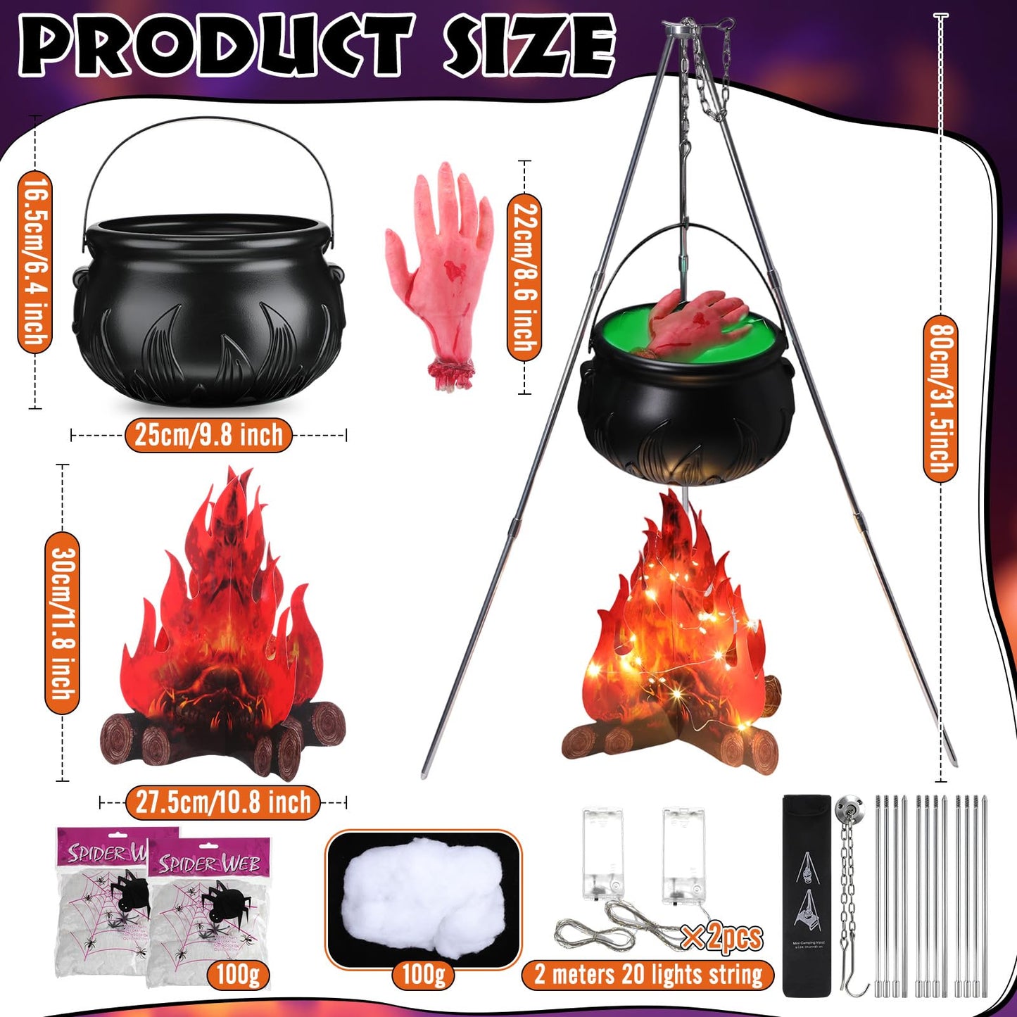 WinnerWhy 9 Pcs Large Witches Cauldron Halloween Decor Set Cauldron on Tripod with Spider Webs Fake Fire String Lights Fake Hand for Halloween Indoor and Outdoor Party Supplies