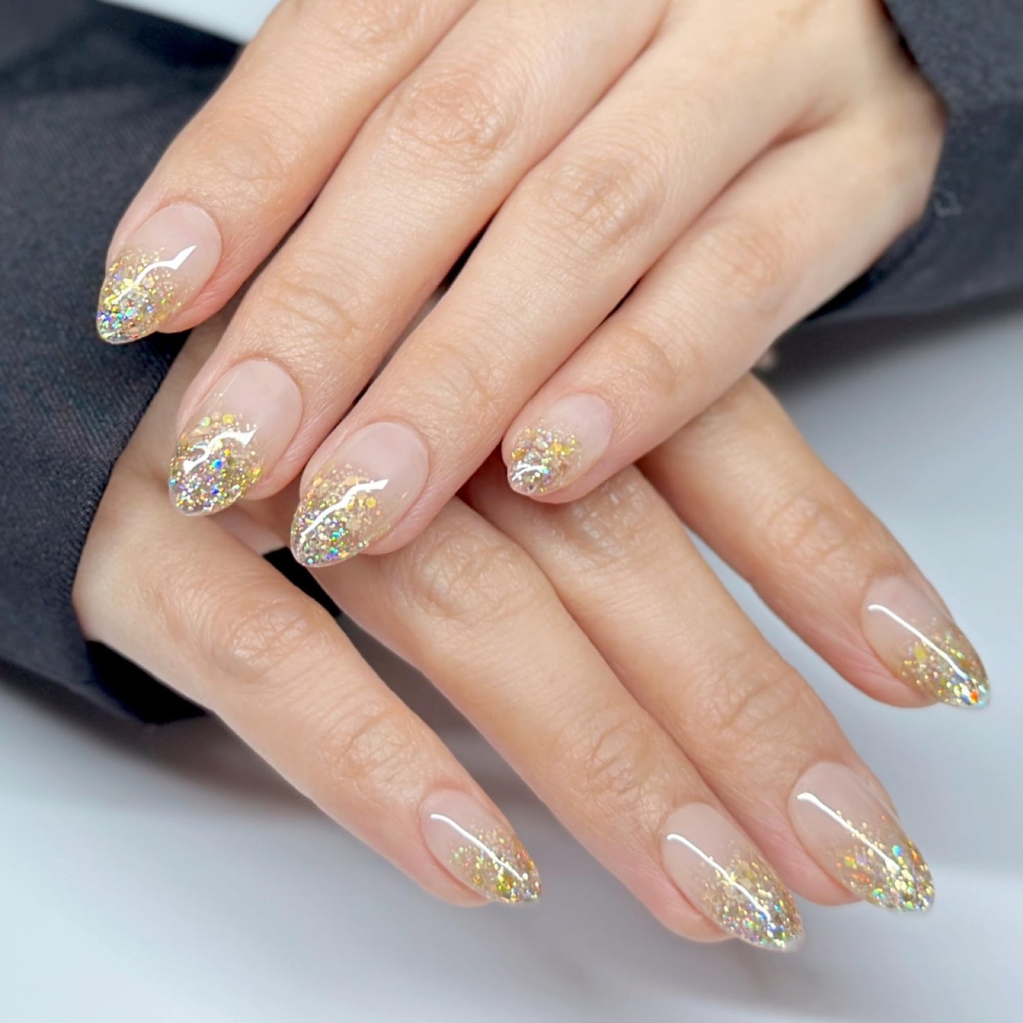 Sunruby Press On Nails Short Almond Jelly Pink Glossy with Gold Glitter Tips. Reusable Soft Gel Nails in 15 Sizes -30 Nail Kit with Glue | Designed in L.A, Handmade in Vietnam | Hi-End