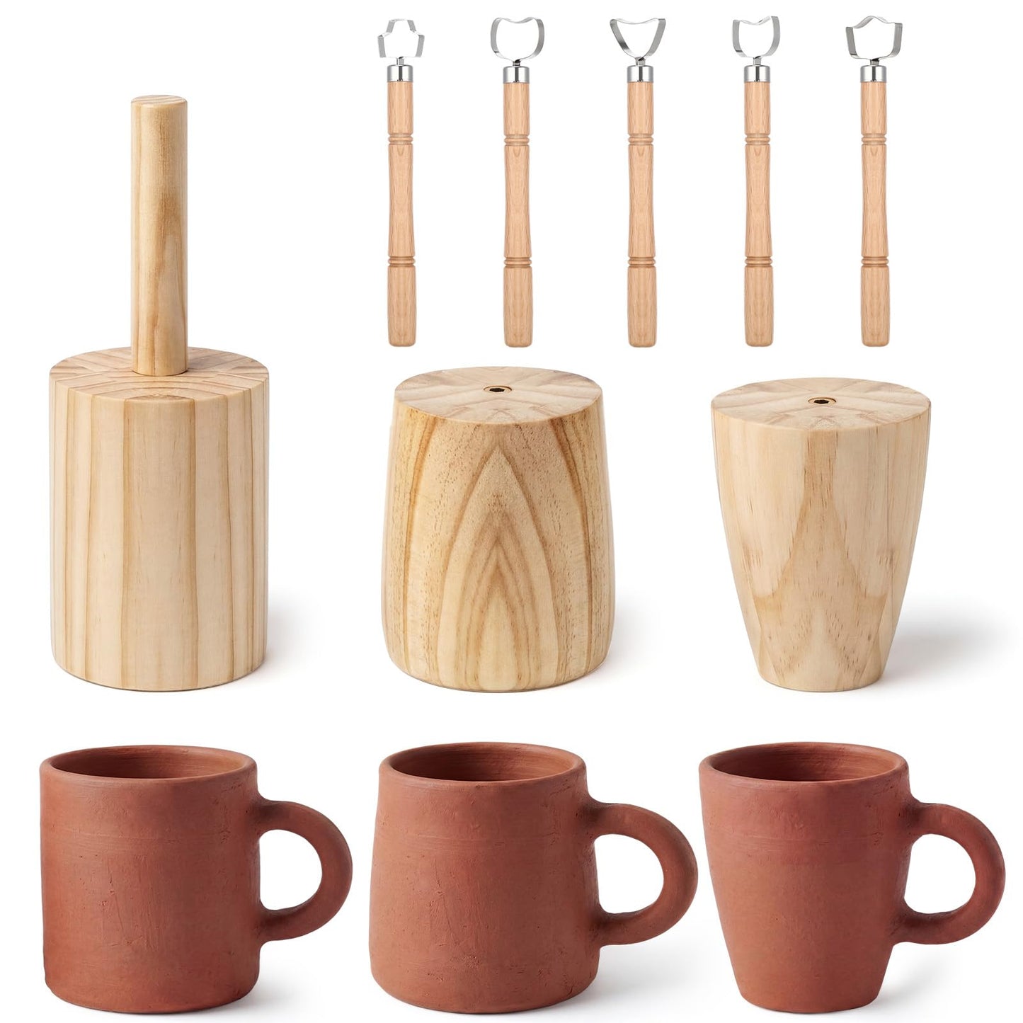 Ferrochef 8 Pack Cup Pottery Molds Clay Tools Set Wooden Sculpture Scraper Pottery Carving Tool Cup Handle Shape Clay Cutters for DIY Mug Vase Art Making(Small,12, 10, 8oz)