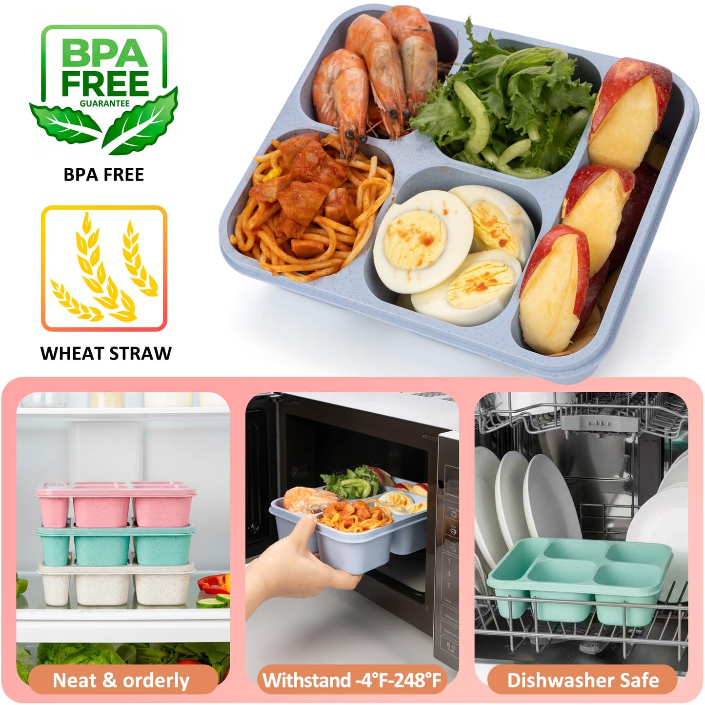 Bento Box Adult Lunch Box 5 Compartment Snack Containers for Kids, Reusable Food Storage Meal Prep Lunch Containers - Stackable BPA-Free Wheat Straw Bento Box for School, Work, Travel (4 Pack)