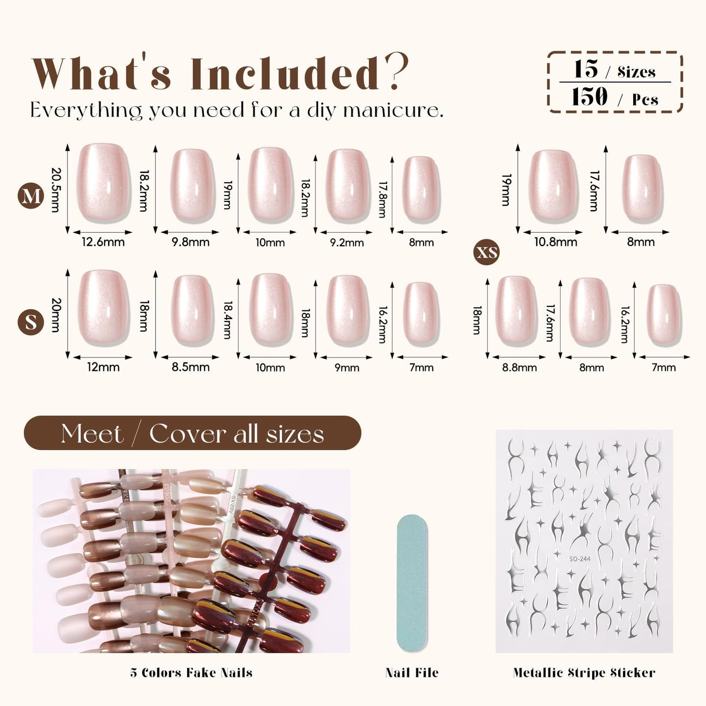Brown Cat Eye Press on Nails Short Square,Glossy Glass Fake Nail Kit Neutral Nude Chocolate Brown False Nails Winter Fall Nails with Mirror Metallic Silver Nail Stickers,150pcs 15 Sizes