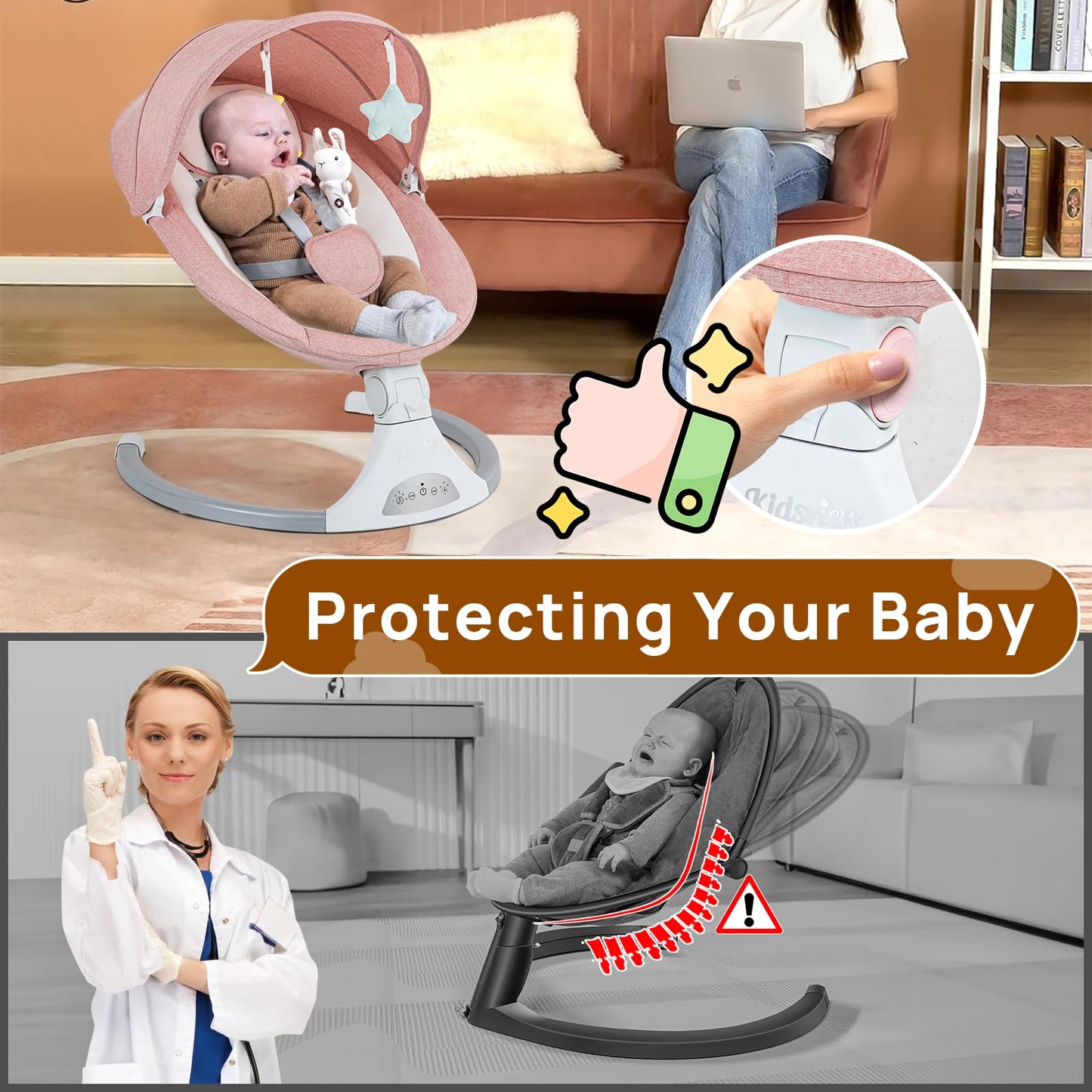Pink Electric Baby Swing for Infants to Toddlers, 5 Speed Settings, 12 Built-in Songs, Bluetooth & USB Music, Timer Function, Adjustable Baby Swing for Nursery Use