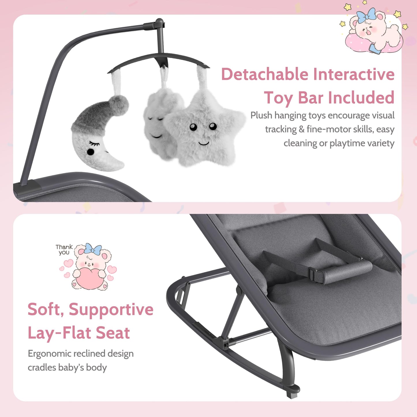 Jojoka Baby Swing for Infants, 3-Position Recline Baby Rocker with Toy Bar, Portable Infant Swing Chair with Lockable Stationary Mode, Lightweight Aluminum Frame, Grey