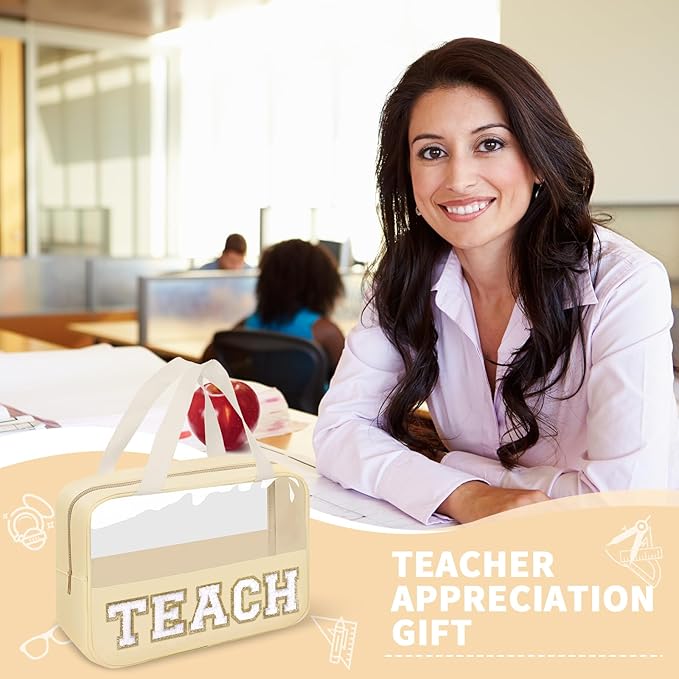 izuzta Teacher Appreciation Gifts TEACH Chenille Letter Clear Makeup Bag Pouch, Monogram Teacher Supplies Zipper with Handle Travel Cosmetic Bag Graduation Retirement Gifts for Women(TEACH-Beige)
