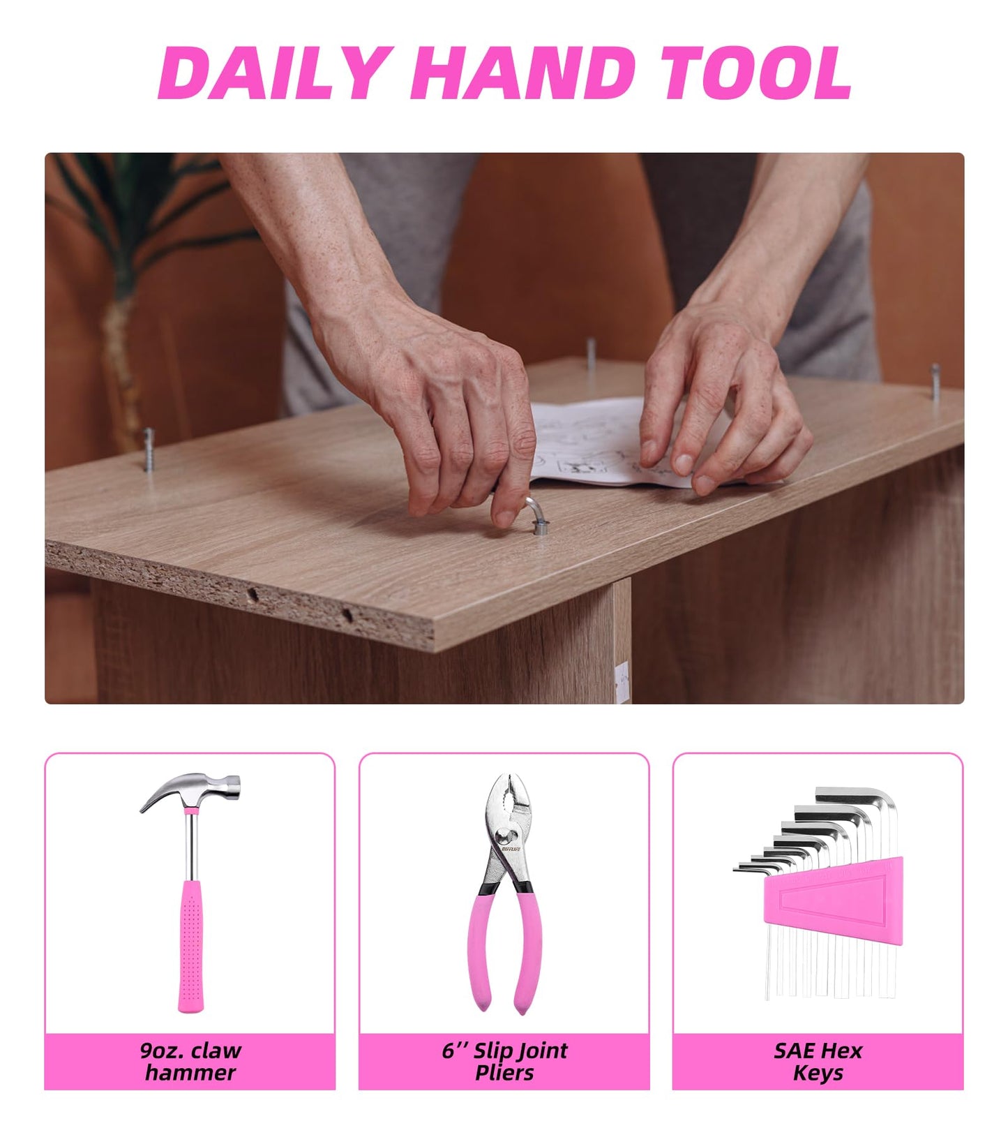 DIFFLIFE Tool Set Pink-40 Piece - General Household Hand Tool Kit with Plastic Toolbox Storage Case(Pink)