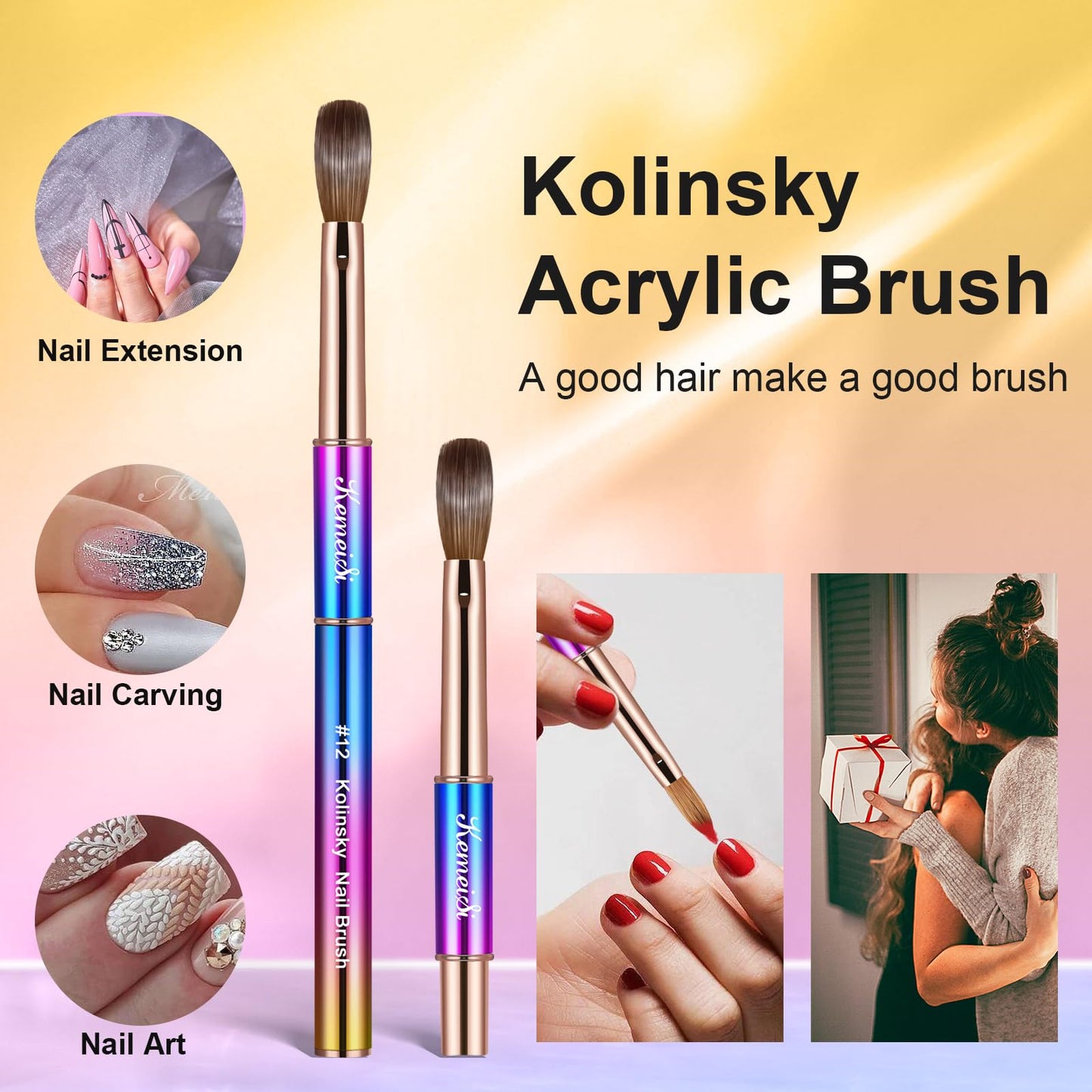 KEMEISI 2PCS Nail Brush - Liner & Kolinsky Art Brush Size #12 for Acrylic Application, Sturdy Handle Oval Shaped Design Tools for Professional Manicure DIY