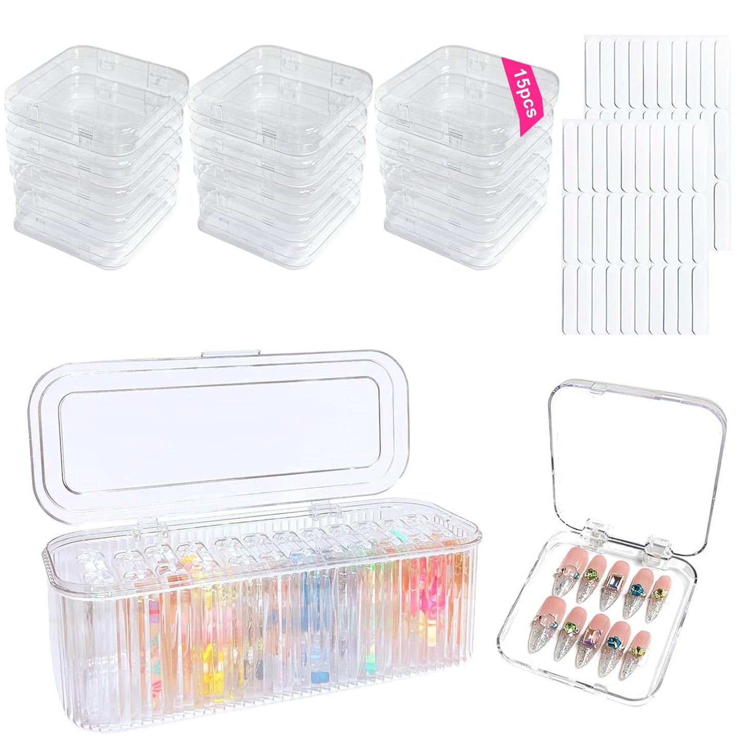 Press On Nail Organizer Box Kit,15 PCS Clear Press On Nail Storage Boxes and 1 Large Container Box,60pcs Adhesive Tape, Fake Nail Organizer Display Case Press On Nail Packaging for Home Nail Salon Use