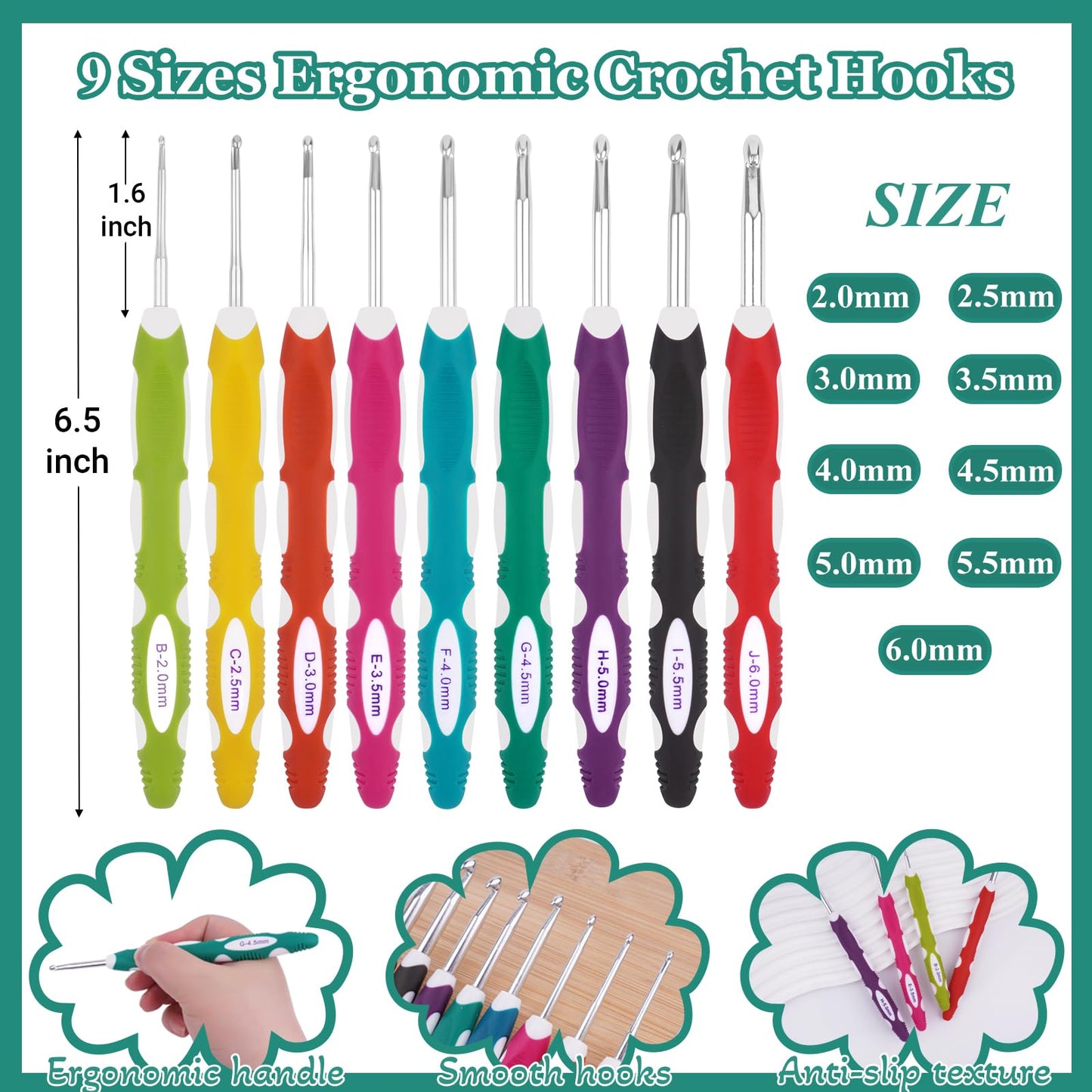 Hobekoee 23 Sizes Crochet Hooks Set with Case,2mm-10mm Ergonomic Crochet Needles for Arthritic Hands,Complete Crochet Kit for Beginners and Experiencer