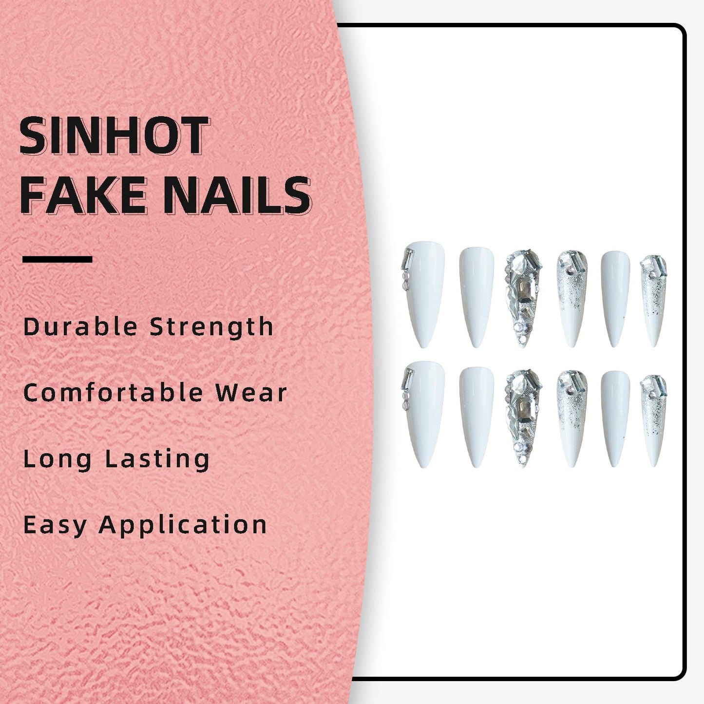 SINHOT Luxury Rhinestone Acrylic Glossy Glue on Nails - White Almond Artificial Stick on False Nails with Design 24 pcs