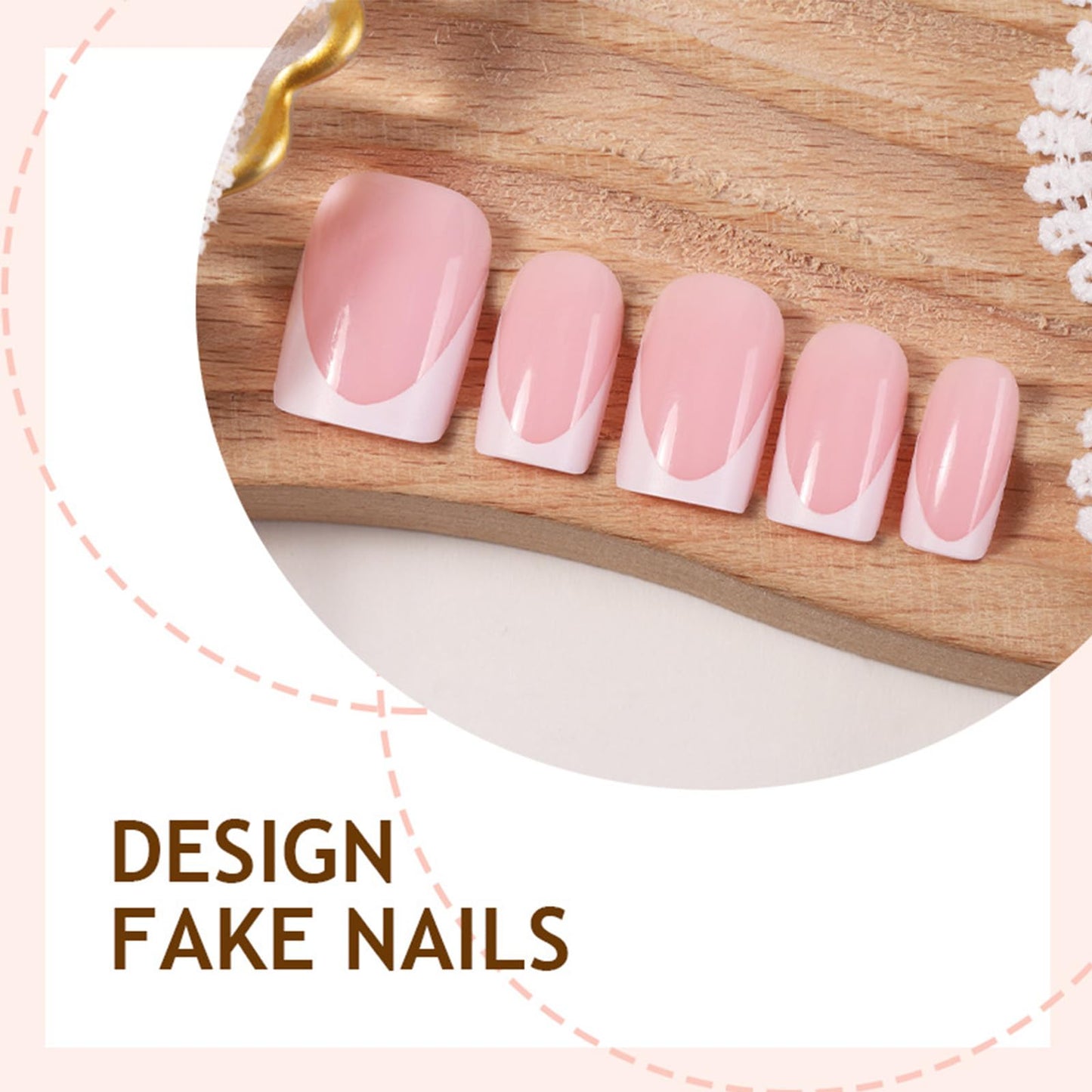 32Pcs French Tip Press On Nails Short Square Fake Nails Press ons Glossy Nude Pink False Nails Reusable Acrylic Stick On Nails for Women Daily Home Office, Manicure Kit with Adhesive Tabs