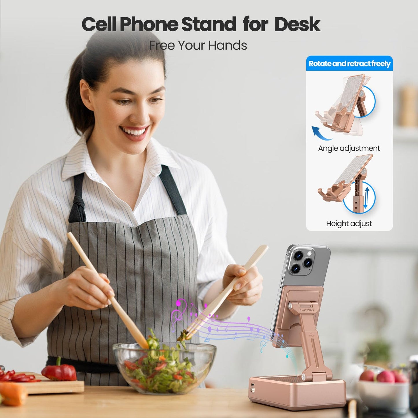 JTEMAN Cell Phone Stand with Bluetooth Speaker,HD Sound Adjustable Phone Holder,Birthday Gifts for Men Women, Cool Tech Kitchen Gadgets for Most Phones and Tablets-Rose Gold