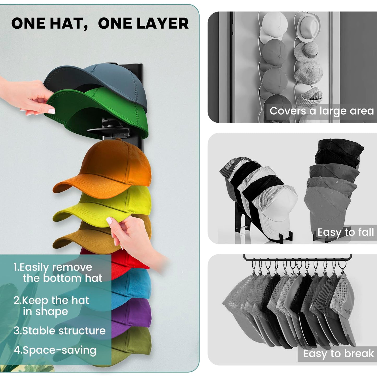 PCEEL 2Pack Upgraded Contour Fit Lock Hat Organizer for Baseball Cap,Hat Rack Strong Adhesive Hat Hangers for Wall Hold Up to 20 Hats,Multi-layer Hat Storage Display for Closet,Door Bedroom-Black