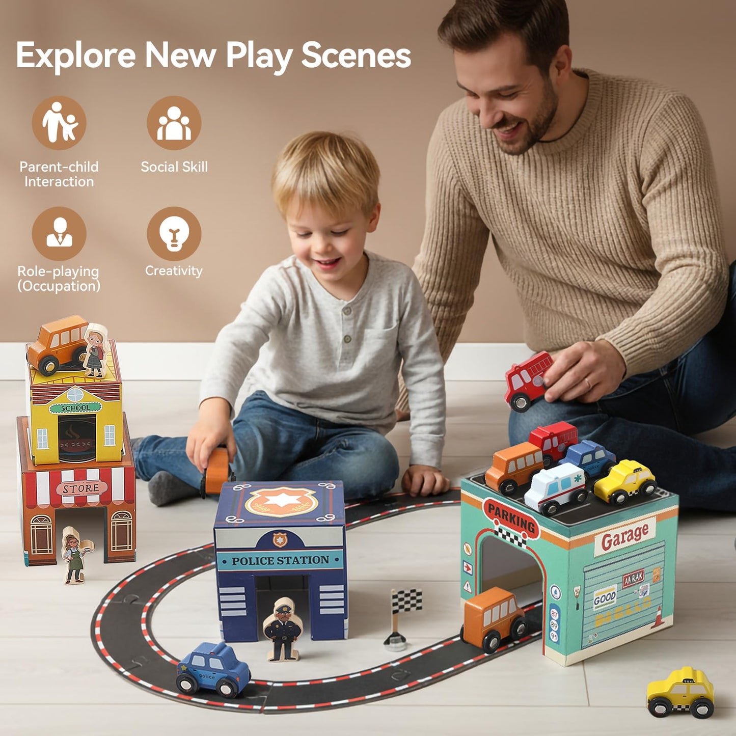 3-in-1 Sorting and Stacking Toys for Toddlers | Wooden Community Helpers, Nesting Boxes & Vehicle Track | Montessori Preschool Learning Toys Gift for 2 3 4 Year Old Boys Girls