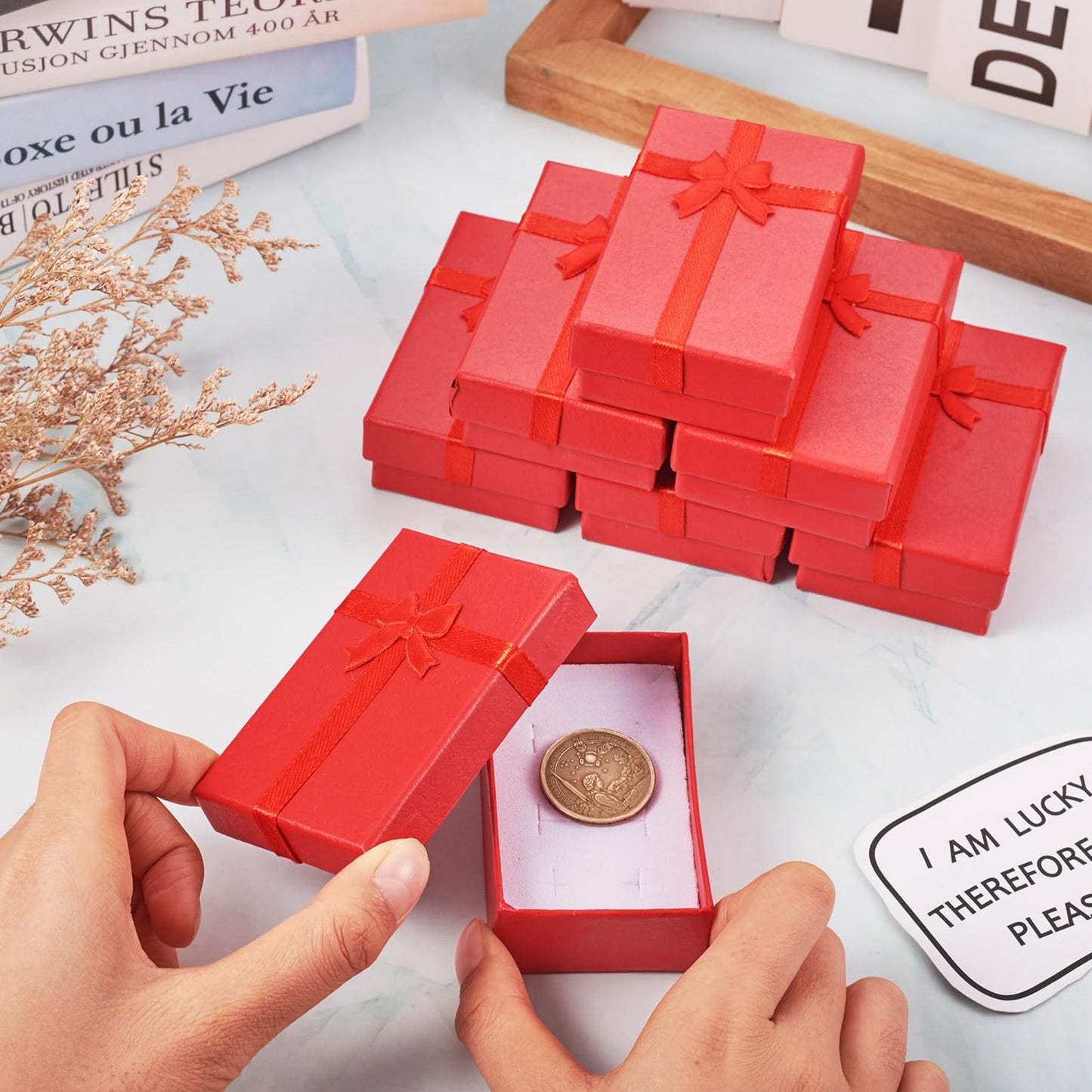 Craftdady 12pcs Red Jewelry Boxes Small Necklace Box Cardboard Jewelry Gift Boxes With Lids Bowknot Ring Earring Boxes for Women Valentines Day Jewelry Gift Packaing Display Organizer