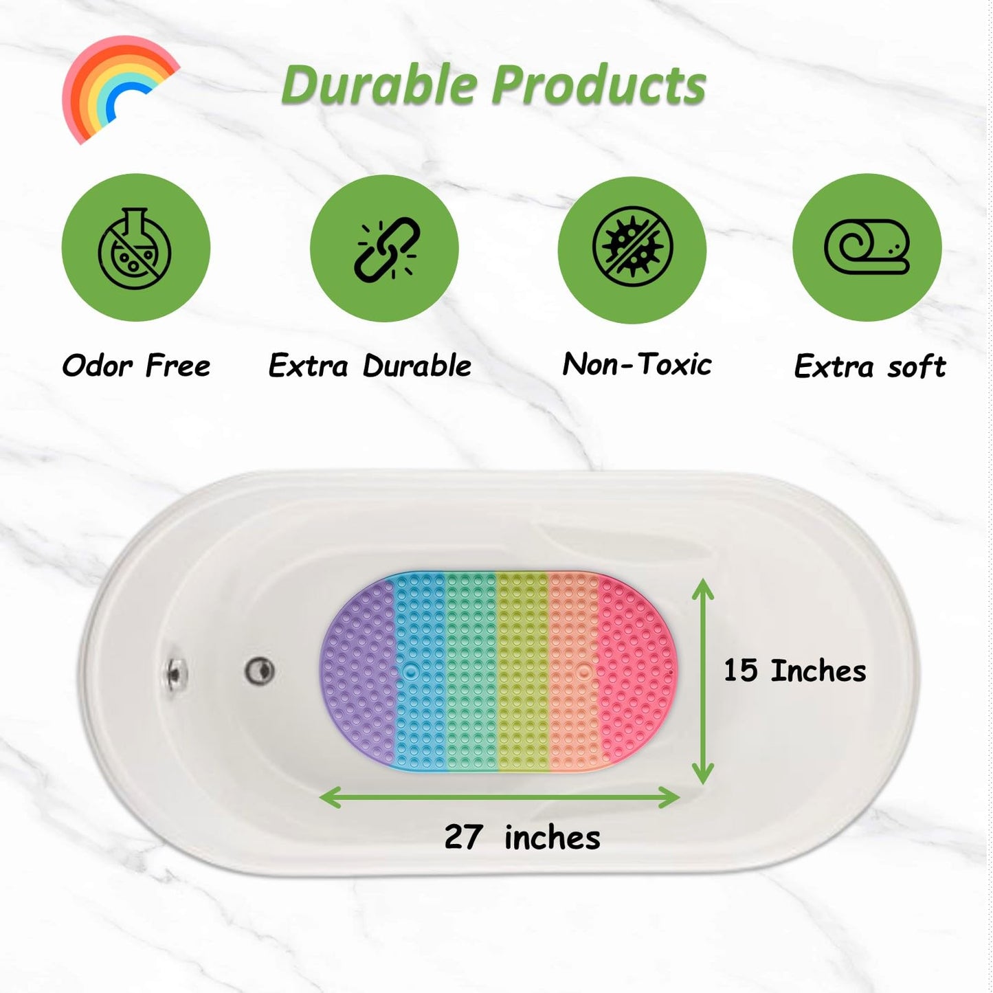 Joiyota Silicone Push Pop Bath Mat for Kids, CPC Certified Non-Slip Rainbow Bathtub Mat with Suction Cups, Sensory Bath Toy for Toddlers (27x15-rainbow)