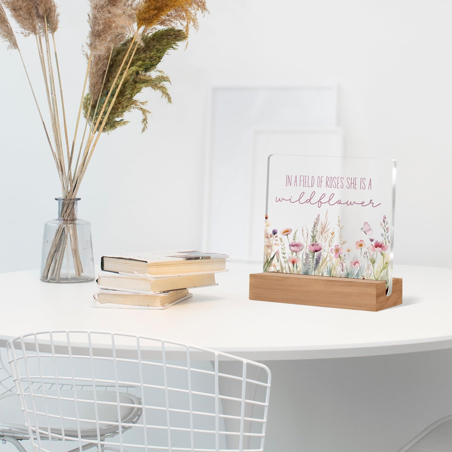 Lacosu Inspirational Desk Decor, Wildflower Acrylic Sign, 4 x 4 Inches, Acrylic & Wood, Home & Office Decor, Motivational Gift